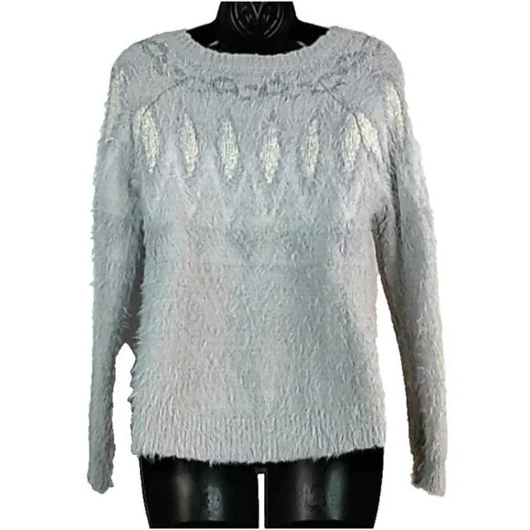 LC Lauren Conrad Women's Sweater Gray Purple Sz S Fair Isle Boat Neck Soft Cozy - Picture 8 of 11